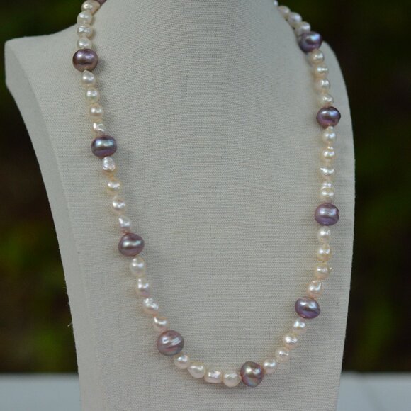 White Mini Baroque & Purple Edison Pearl Necklace – 22" - Picture 1 of 4